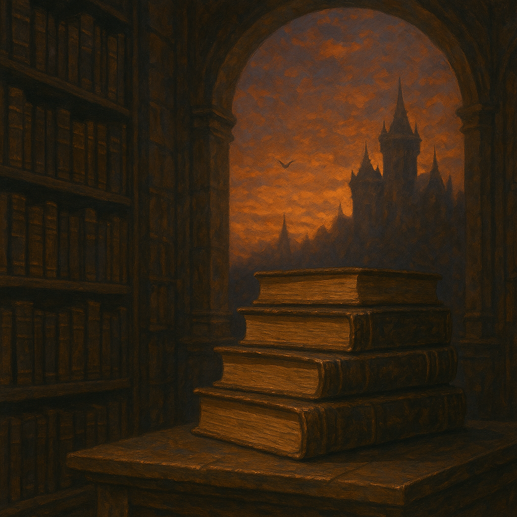 Royaume de fantasy à la fenêtre d'une bibliothèque de romantasy