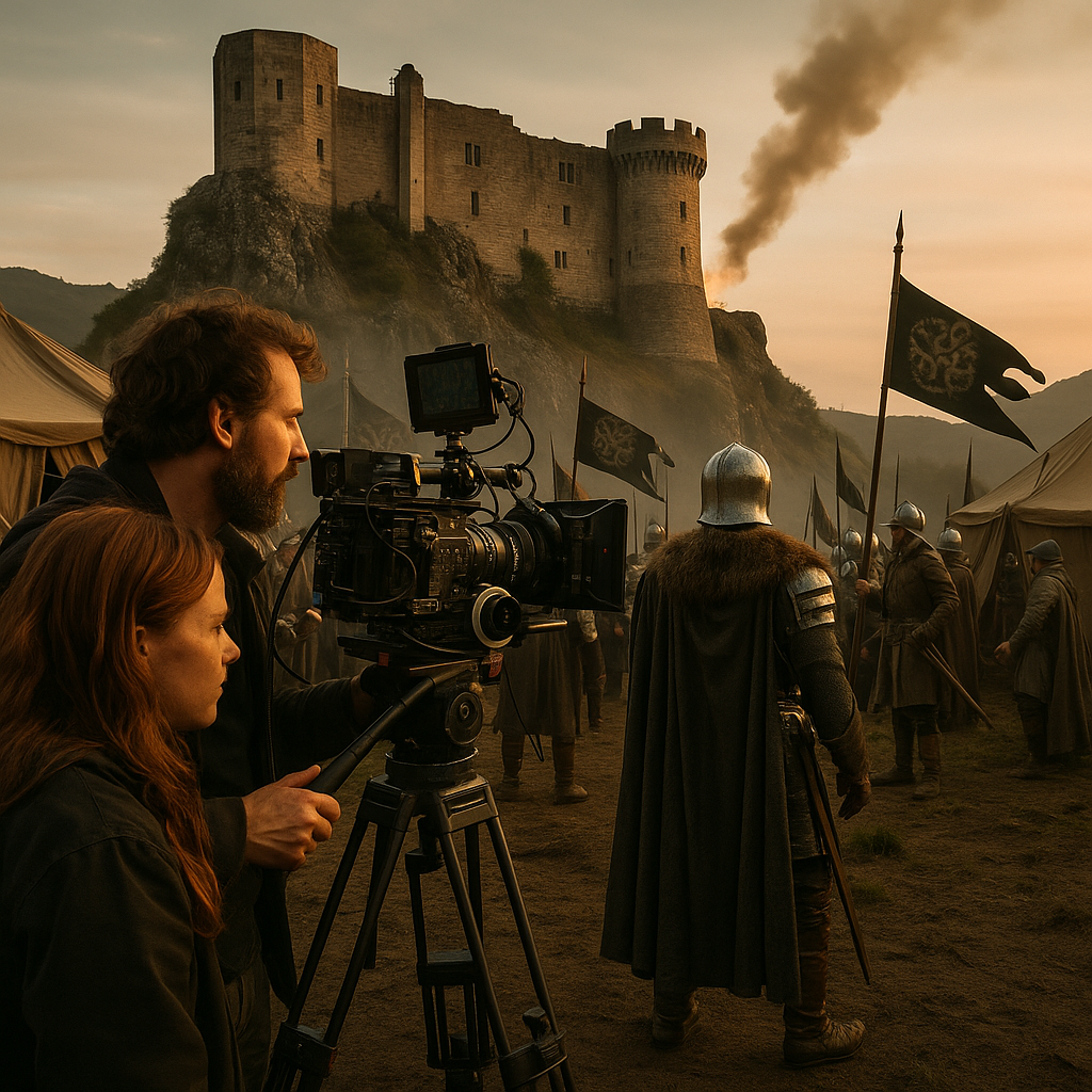 Photographie stylisée d’un plateau de tournage médiéval en pleine nature, avec des tentes, des équipements de tournage et une ambiance brumeuse rappelant l’univers de House of the Dragon.