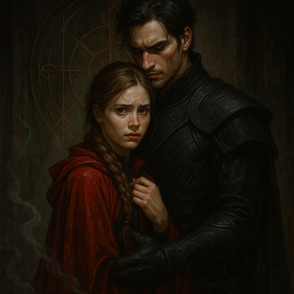 A dark and dreamlike illustration of a couple of characters inspired by dark fantasy, surrounded by mist, alchemical runes, and a dramatic atmosphere evoking the worlds of romantasy and black magic.