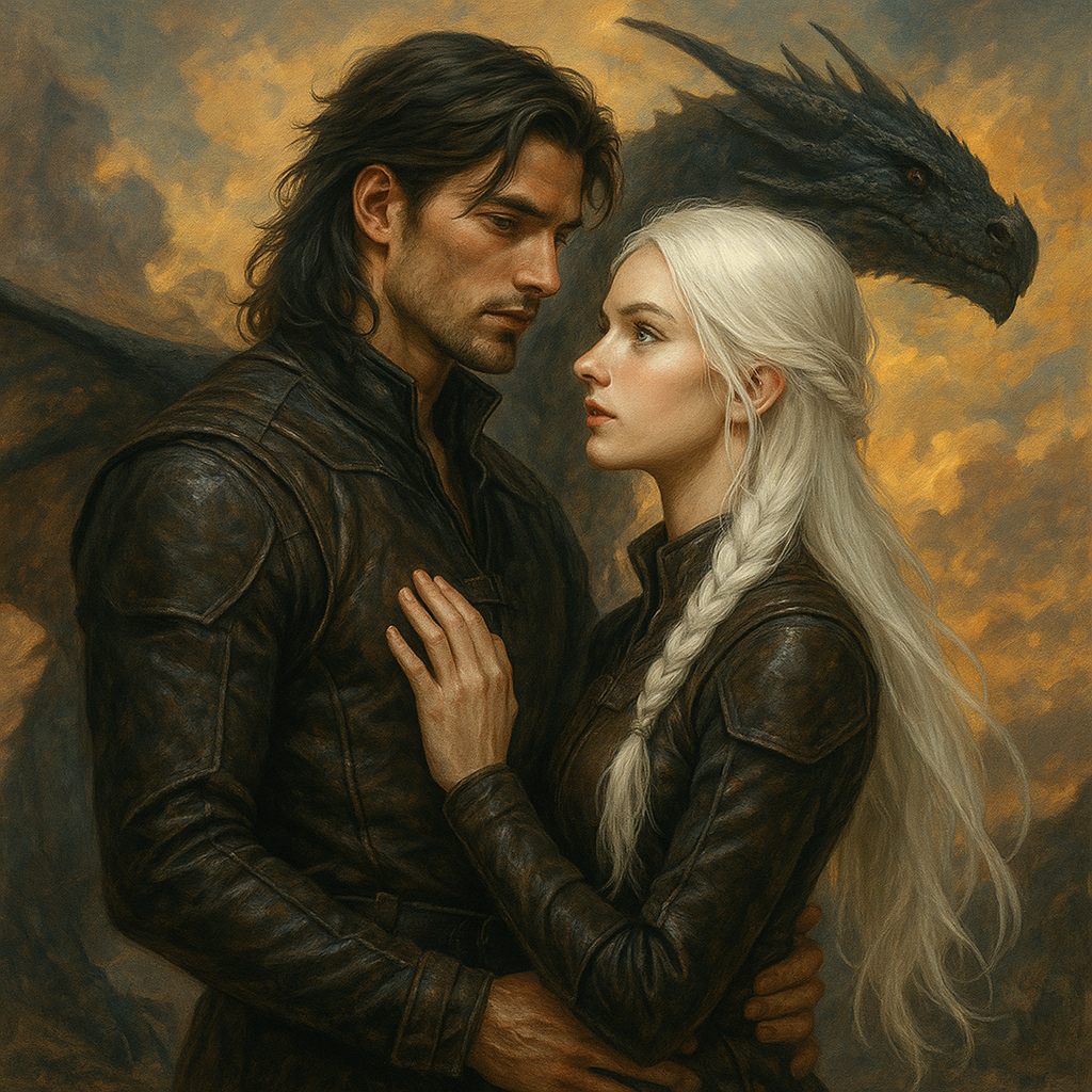 Peinture fantasy représentant un couple de dragonniers dans une ambiance romantasy, avec la femme aux cheveux blancs et en tenue de cuir, évoquant les personnages de Violet et Xaden dans un décor mystique peuplé de dragons