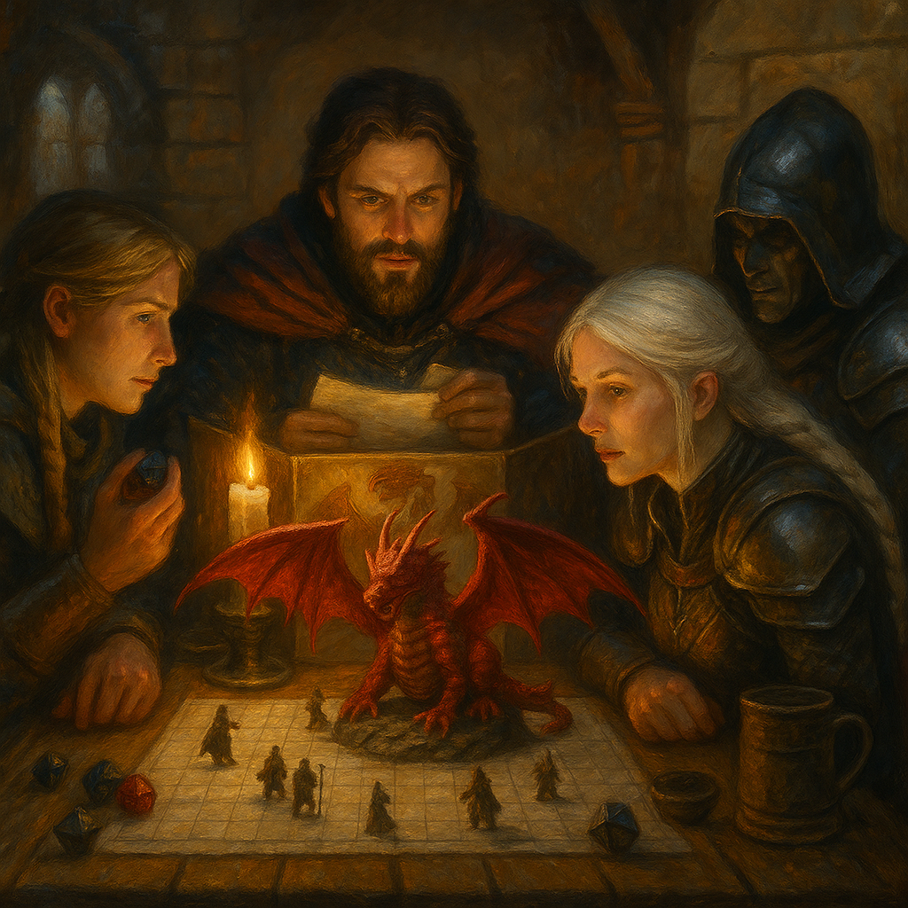 Ambiance immersive de donjon, dés polyédriques, et cartes étendues, évoquant une session de Dungeons & Dragons ou d’un jeu de rôle médiéval-fantastique.