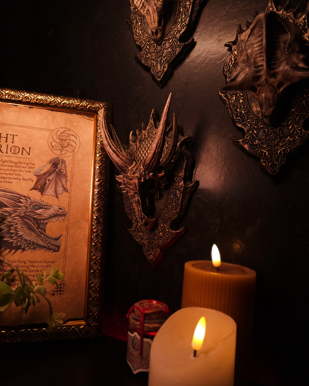 Gothic dragon skull wall decor mounted on a brick wall, fantasy dragon head trophy with dark and dramatic atmosphere