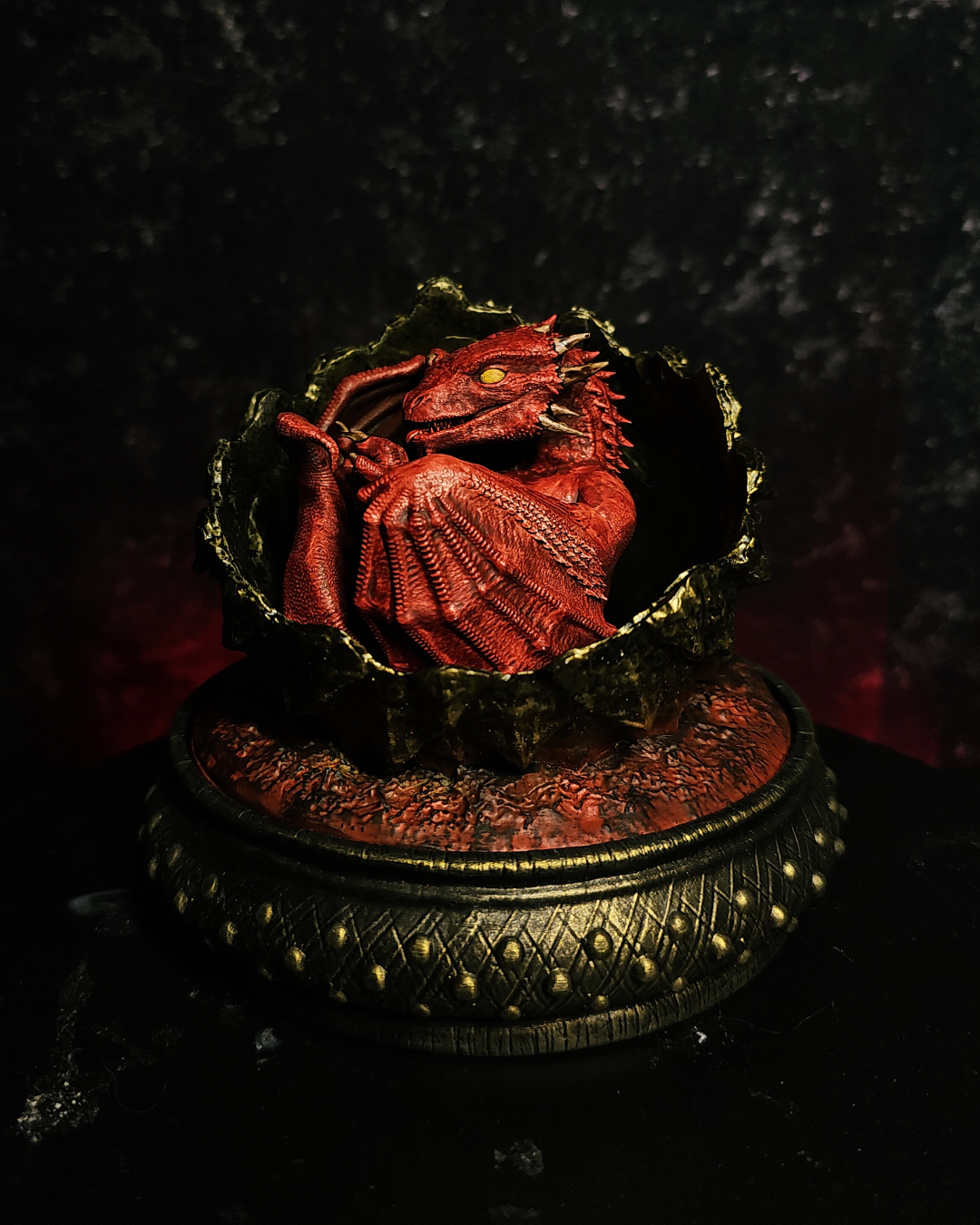 Fantasy resin baby dragon inspired by House of the Dragon season 3, Rhaenys Targaryen and Meleys. Artisan dragon egg collectible.