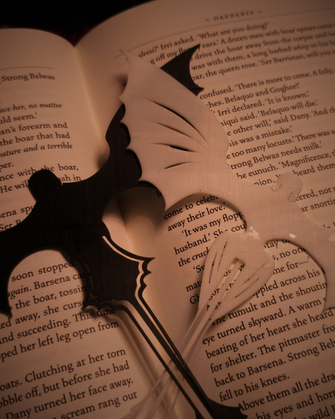 Deux marque-pages en résine représentant Krokmou et la Furie Éclair, posés sur un livre ouvert de George R. R. Martin, design contrastant noir et blanc.
