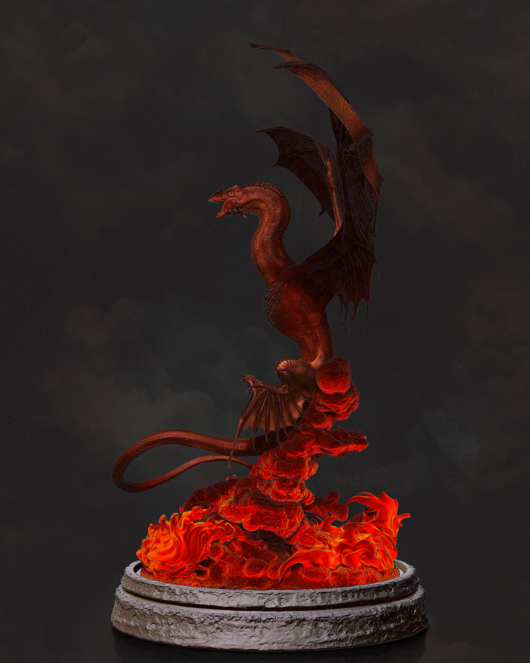 Caraxes inspired dragon figurine emerging from flames with serpent body and massive wings – House of the Dragon fantasy statue