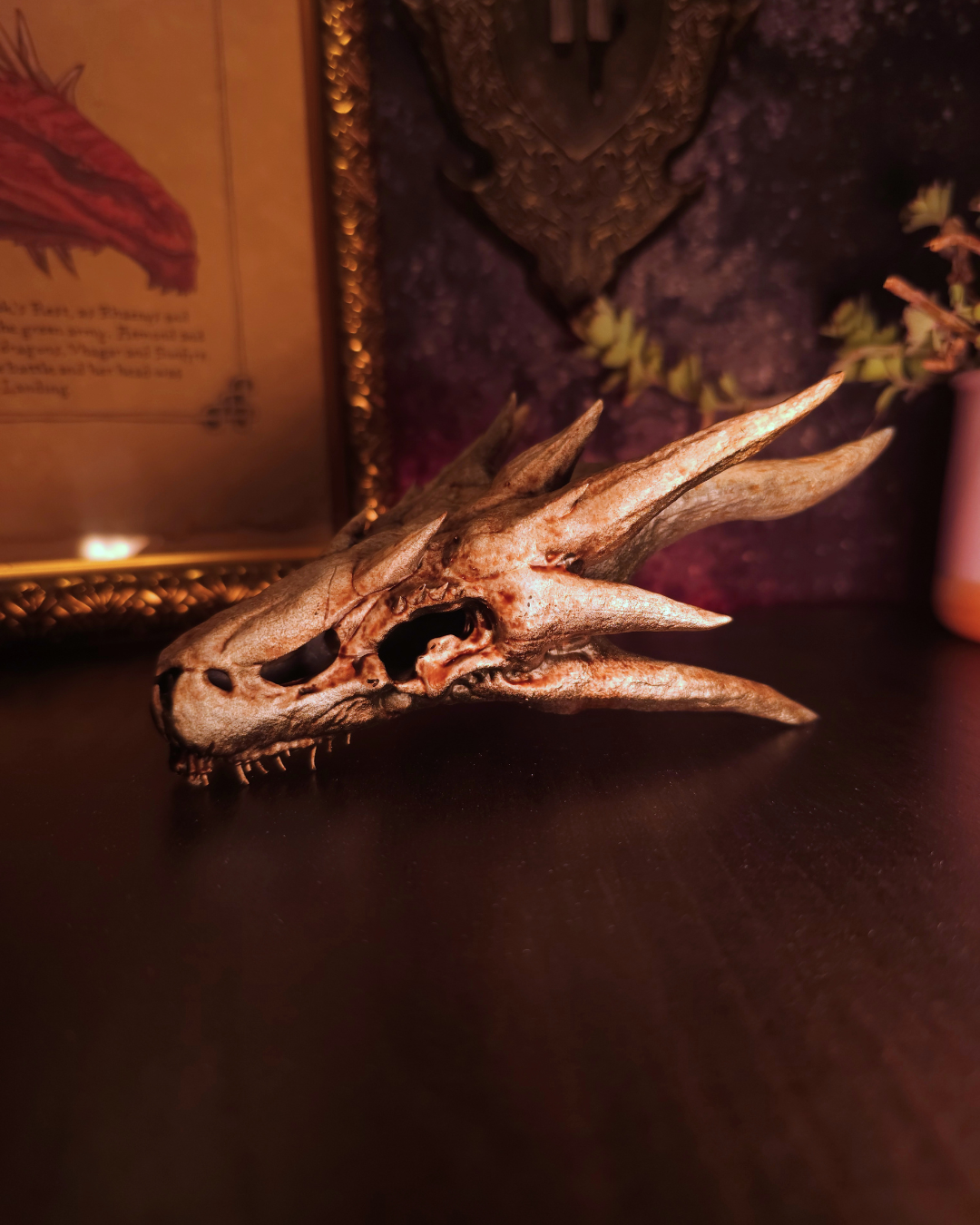 Vue rapprochée du crâne de Balerion en résine peint à la main, inspiré de House of the Dragon, avec ses cornes monumentales et son design réaliste.