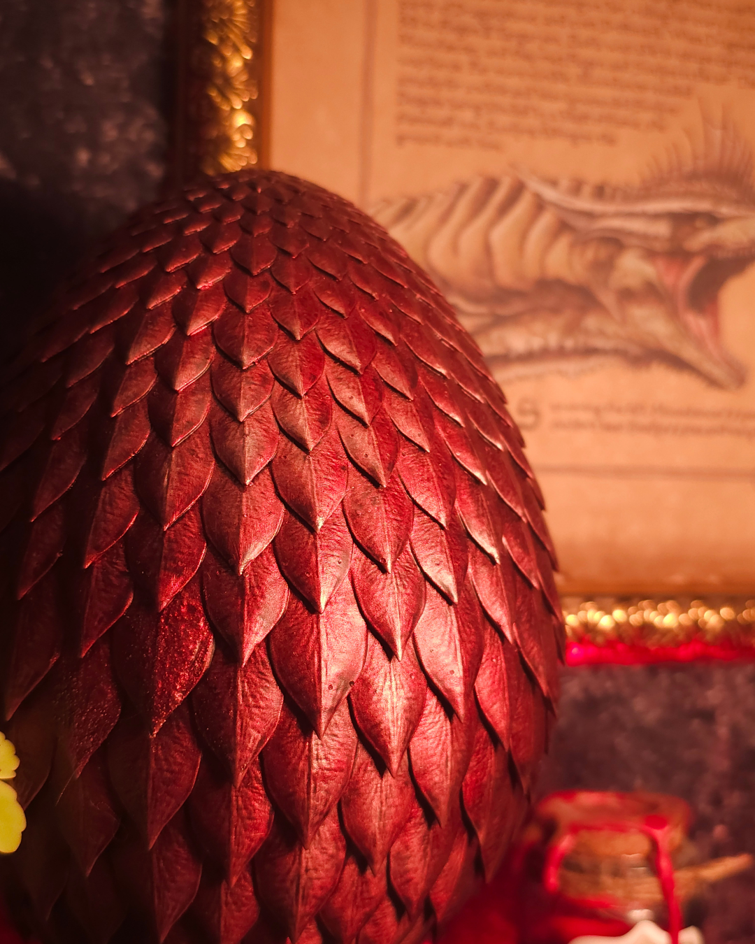 Zoom sur les écailles d’un œuf de dragon rouge, mettant en valeur les reliefs et la finition brillante dans une ambiance chaude et sombre.