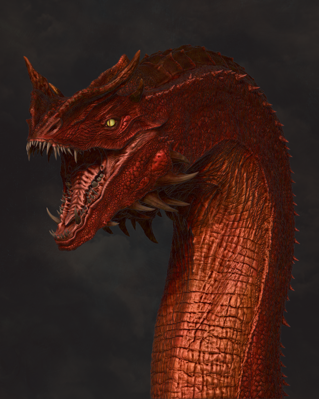 Close-up of a red serpent dragon head with detailed scales and sharp teeth inspired by Caraxes from House of the Dragon