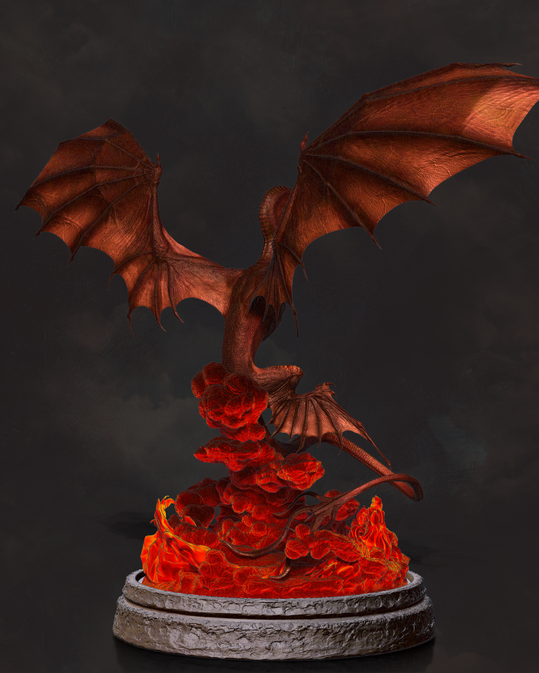 Back view of a fantasy dragon figurine with large wings and fiery base inspired by House of the Dragon dragons