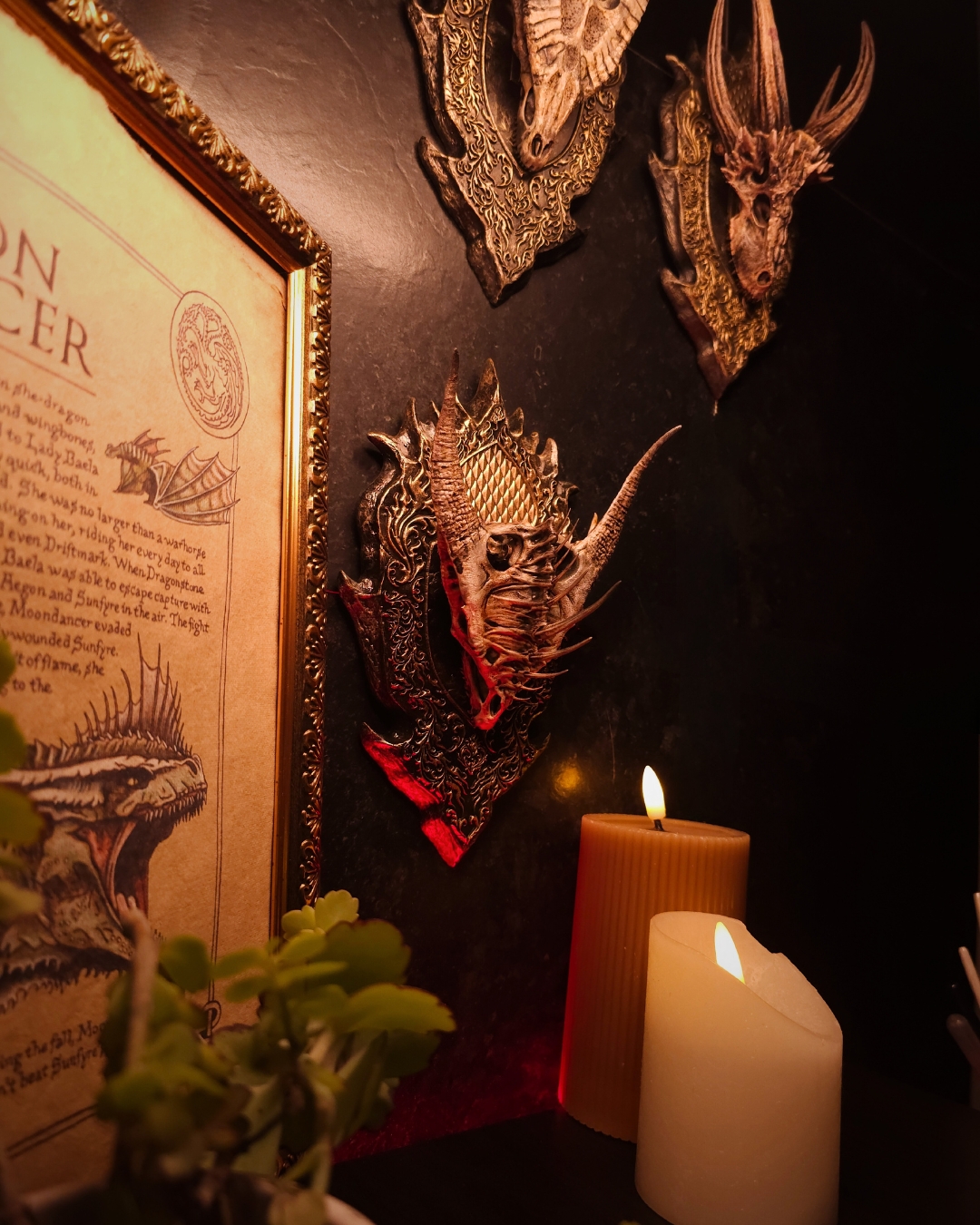 Mur décoré de plusieurs trophées muraux de crânes de dragons fantasy, dont Moondancer, créant une composition médiévale et gothique immersive.