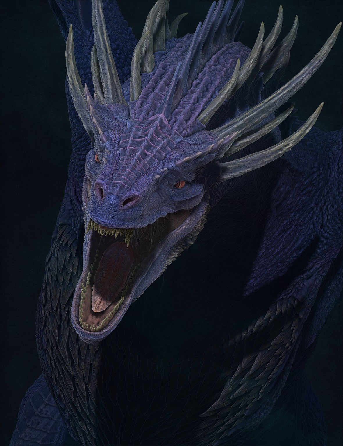 Gros plan de Dreamfyre, dragon d’Helaena Targaryen dans House of the Dragon, montrant son crâne cornu, ses écailles et sa gueule ouverte