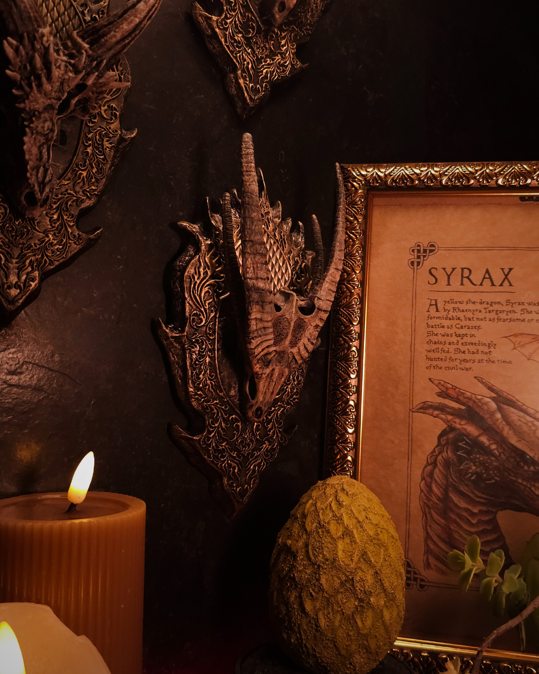 Trophée mural de crâne de dragon doré exposé sur un mur sombre, accompagné d’une bougie, créant une ambiance gothique et médiévale chaleureuse.