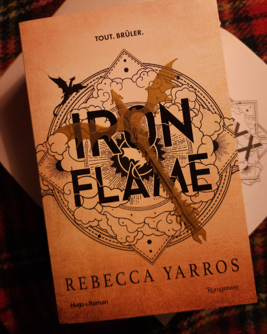 Le marque-page dragon Andarna Gold Feathertail est photographié sur la couverture du roman Iron Flame de Rebecca Yarros. L’accessoire fantasy, fin et léger, sublime la couverture avec sa silhouette dorée. Parfait pour les fans de Fourth Wing cherchant un marque-page ou une figurine de dragon inspirée de la série.