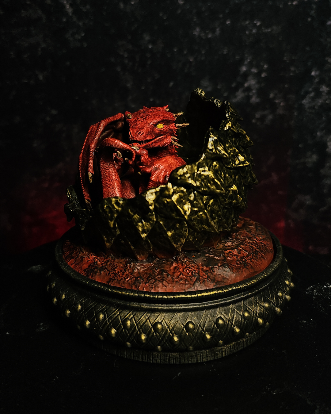 Unique hand-painted baby dragon figurine inspired by Meleys and Syrax Game of Thrones aesthetics. Resin dragon egg display for fantasy fans.
