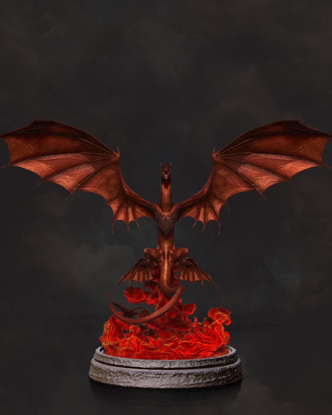 Fantasy dragon figurine inspired by Caraxes with fully extended wings above fire base from House of the Dragon universe