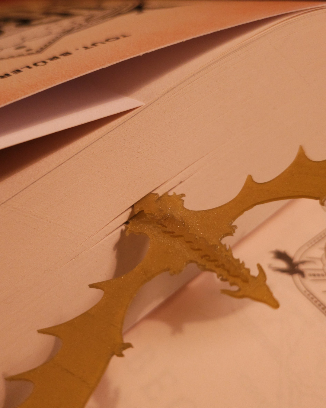 Le marque-page dragon Gold Feathertail est glissé entre les pages d’un roman, révélant ses ailes déployées et sa silhouette élégante. Ce marque-page résine, souple et durable, est l’accessoire idéal pour les lecteurs passionnés de dragons, de romantasy et de l’univers Fourth Wing.