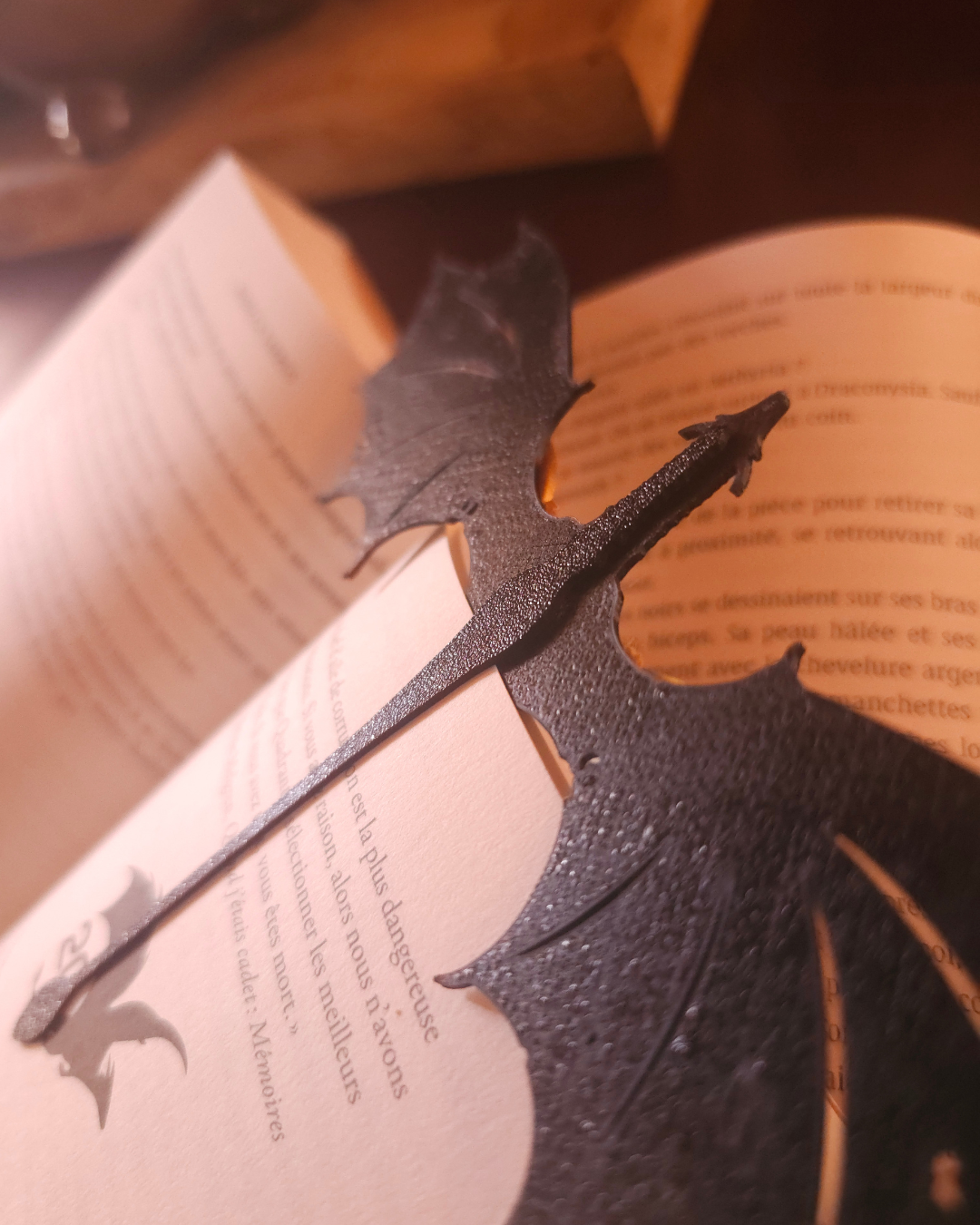 Marque-page artisanal inspiré de Tairn et Andarna, imprimé en 3D avec une finition noire et dorée pour les fans de Rebecca Yarros.