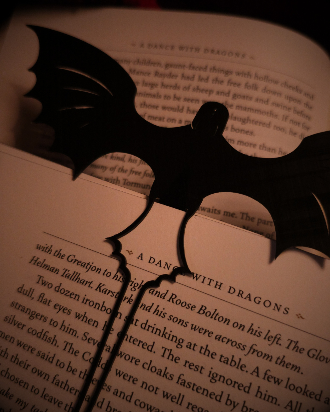 Vue arrière d’un marque-page en résine noire inspiré du dragon Krokmou, inséré dans un roman.
