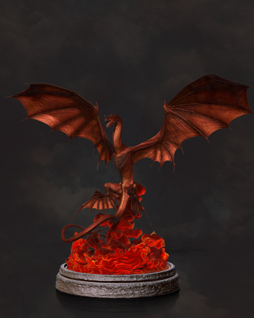Premium fantasy dragon statue inspired by House of the Dragon with detailed scales and dramatic flame effects