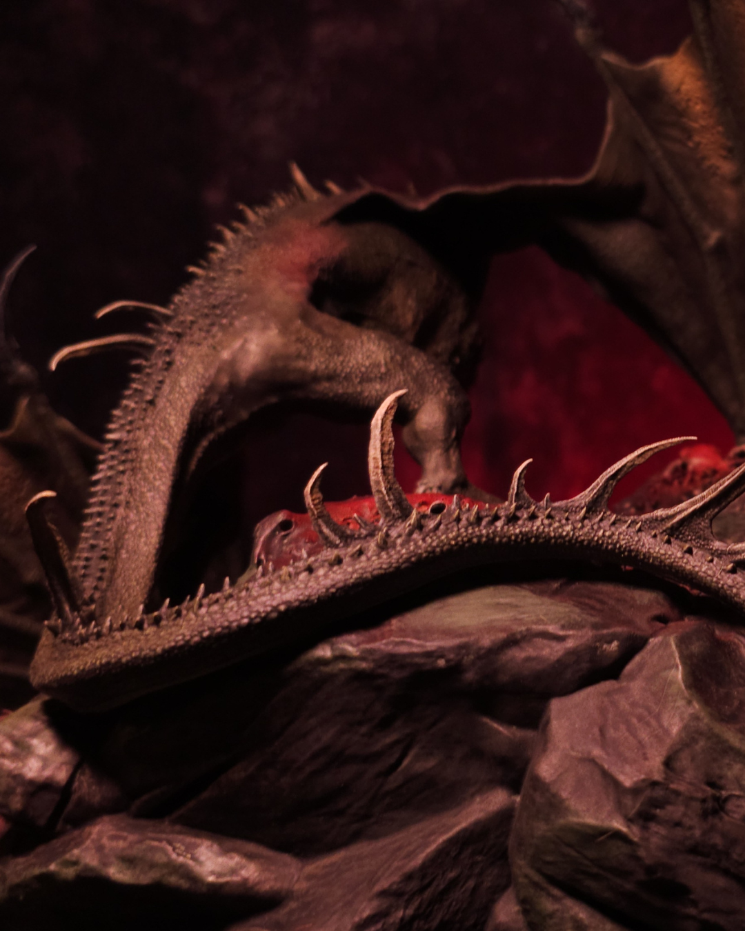 Gros plan sur la queue du dragon Sheepstealer, montrant les écailles et les piques acérés, sur un décor rocheux rouge sang.