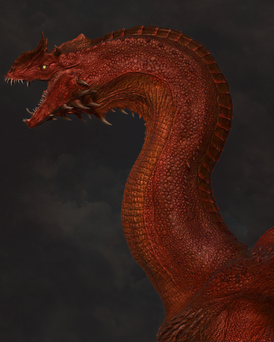 Detailed neck and scale textures on a red fantasy dragon figurine inspired by Caraxes and House of the Dragon