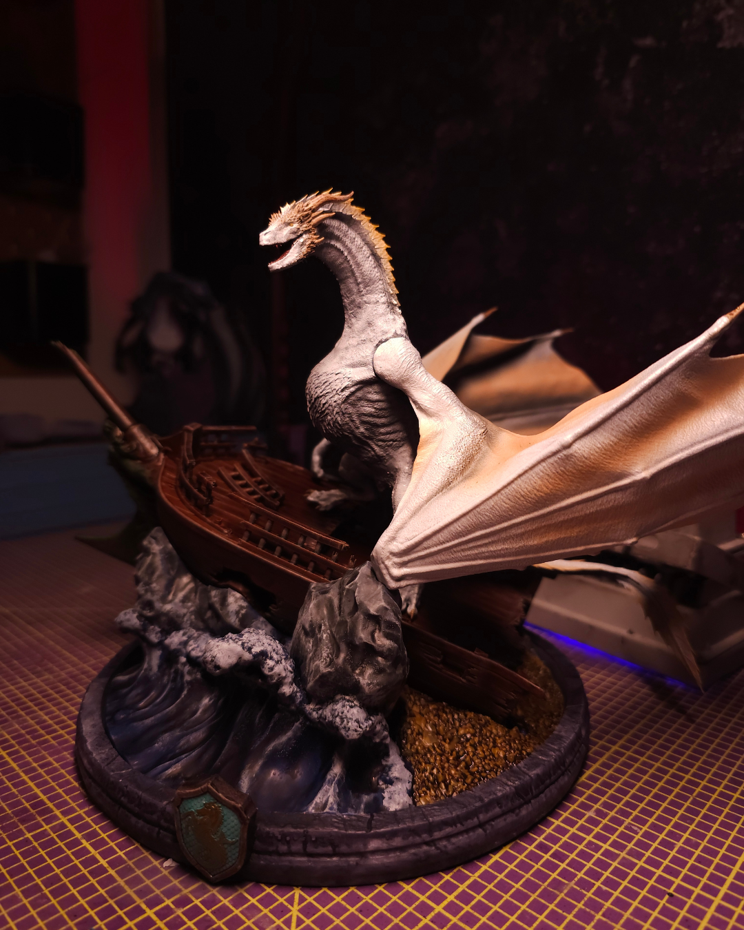 Hand-painted Seasmoke dragon figurine with large wings and detailed nautical base inspired by House of the Dragon and Ser Laenor Velaryon.