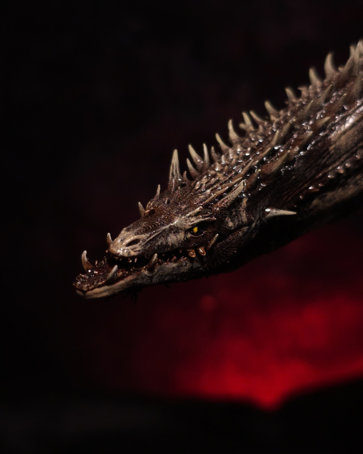 Gros plan sur la tête de Sheepstealer, dragon de House of the Dragon, montrant ses écailles brunes, ses nombreuses cornes, ses yeux jaunes et sa mâchoire ouverte.