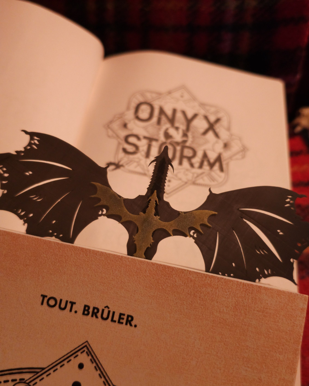 La tête et les ailes du marque-page dragon inspiré de Tairn et Andarna dépassent d’un livre, devant l’illustration Onyx Storm. Un accessoire fantasy idéal pour les fans de dragons et de figurines de dragon.