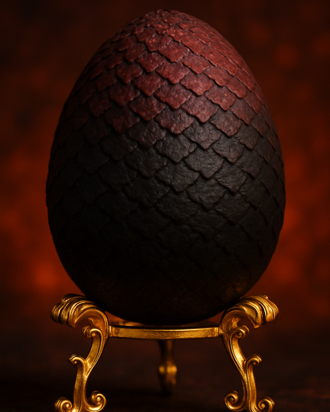 œuf de dragon rouge et noir inspiré de la série Game of Thrones, imprimé en résine avec texture d’écailles réalistes, posé sur un élégant support doré – figurine artisanale "The Red Flame".